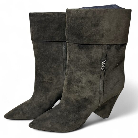 Saint Laurent Women's Liz 85 Luxor Suede Booties Sabble Brown EU 37.5 NIB - Picture 1 of 16